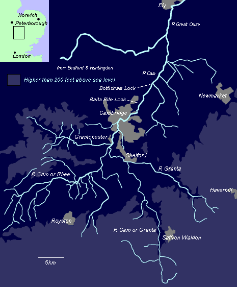 A diagrammatic map showing the River Cam's tributaries