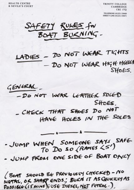 A copy of the college's safety rules for boat burning